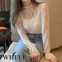 レーストップス トップス シアー ハイネック レース インナー フリル 長袖 花柄 大きいサイズ ネコポス