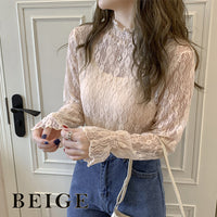 レーストップス トップス シアー ハイネック レース インナー フリル 長袖 花柄 大きいサイズ ネコポス