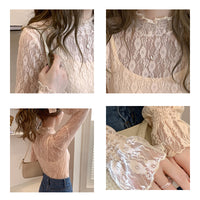 レーストップス トップス シアー ハイネック レース インナー フリル 長袖 花柄 大きいサイズ ネコポス