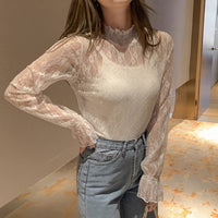 レーストップス トップス シアー ハイネック レース インナー フリル 長袖 花柄 大きいサイズ ネコポス