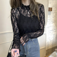 レーストップス トップス シアー ハイネック レース インナー フリル 長袖 花柄 大きいサイズ ネコポス