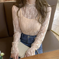レーストップス トップス シアー ハイネック レース インナー フリル 長袖 花柄 大きいサイズ ネコポス