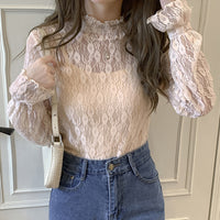 レーストップス トップス シアー ハイネック レース インナー フリル 長袖 花柄 大きいサイズ ネコポス