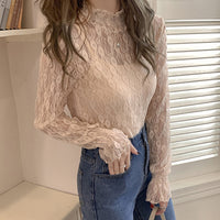 レーストップス トップス シアー ハイネック レース インナー フリル 長袖 花柄 大きいサイズ ネコポス