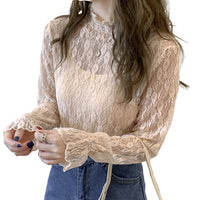 レーストップス トップス シアー ハイネック レース インナー フリル 長袖 花柄 大きいサイズ ネコポス