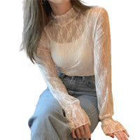 レーストップス トップス シアー ハイネック レース インナー フリル 長袖 花柄 大きいサイズ ネコポス