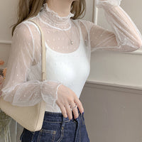 レーストップス トップス シアー ハイネック シアートップス レースインナー 長袖 ドット 大きいサイズ ネコポス