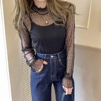 レーストップス トップス シアー ハイネック シアートップス レースインナー 長袖 ドット 大きいサイズ ネコポス