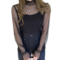 レーストップス トップス シアー ハイネック シアートップス レースインナー 長袖 ドット 大きいサイズ ネコポス